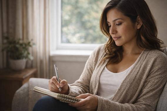 Woman journaling by a window as a gentle self-reflection practice
