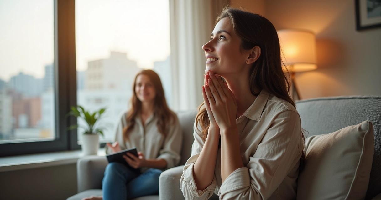 Woman in a supportive therapy session, expressing hope and relief