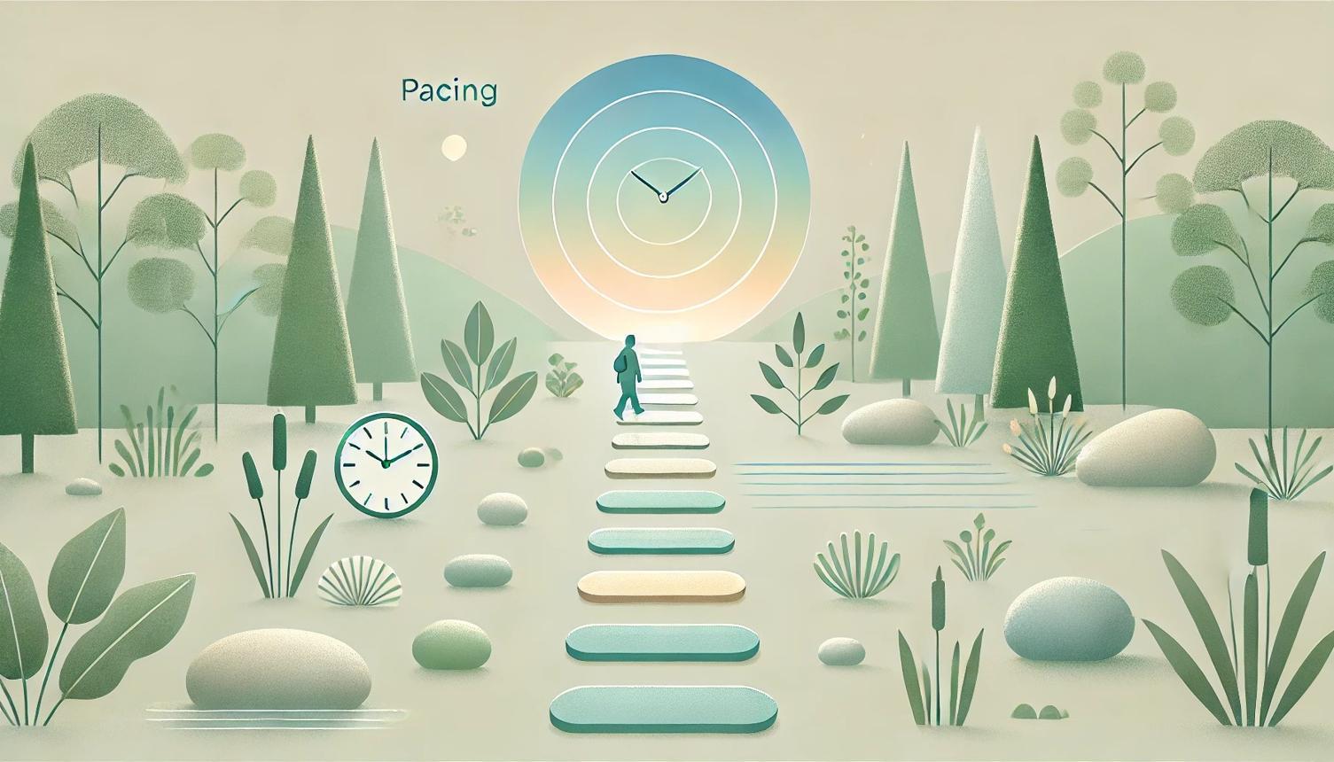Illustration of a person walking a paced path toward balance and rest